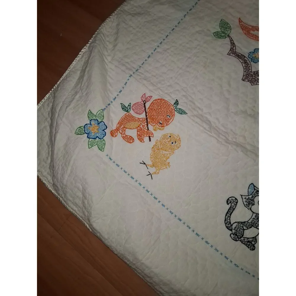 Vintage Disney Quilt Hand Embroidered Orange Bird Nursey Baby Quilt